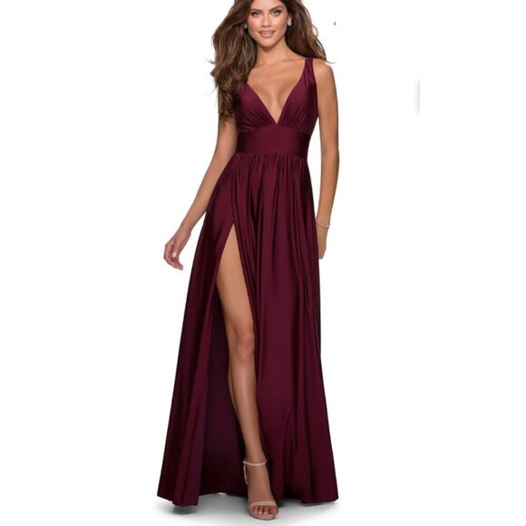La Femme Dresses & Skirts - La Femme Plunge Neck‎ A-Line Gown 2 Burgundy 28547 Jersey